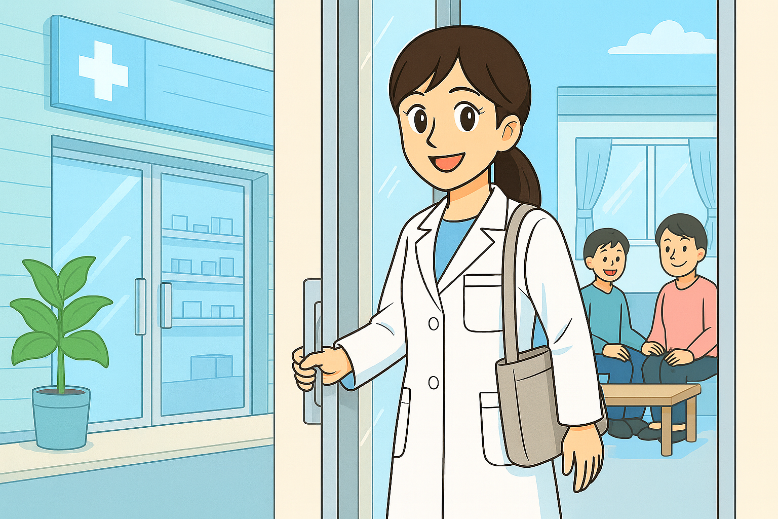 薬剤師が白衣を着て薬局に入る様子。明るい表情でドアを開け、待合室では患者が座っている。
