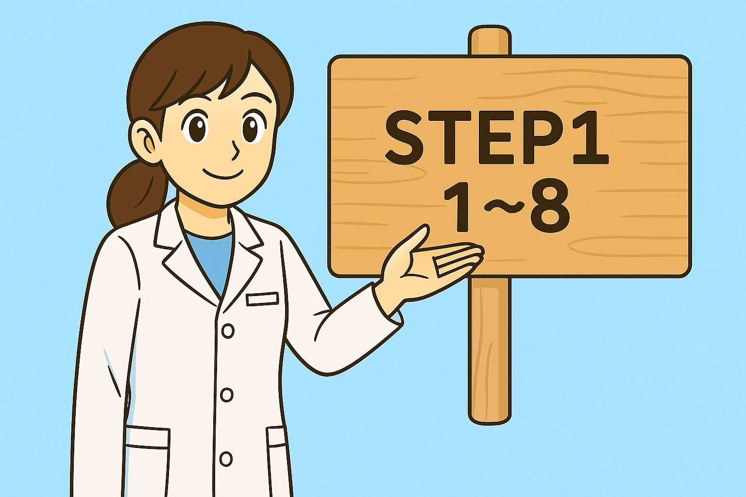剤師転職の全体像|STEP1〜8の流れを案内する薬剤師イラスト