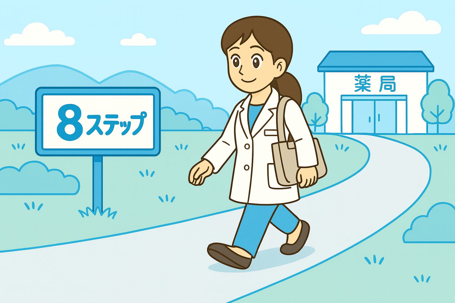 薬剤師転職8ステップ|宝神さんが新しい薬局へ向かうイラスト