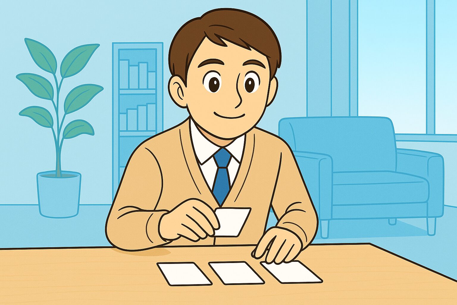 薬剤師転職で、みなみさんが条件カードを仕分けているイラスト