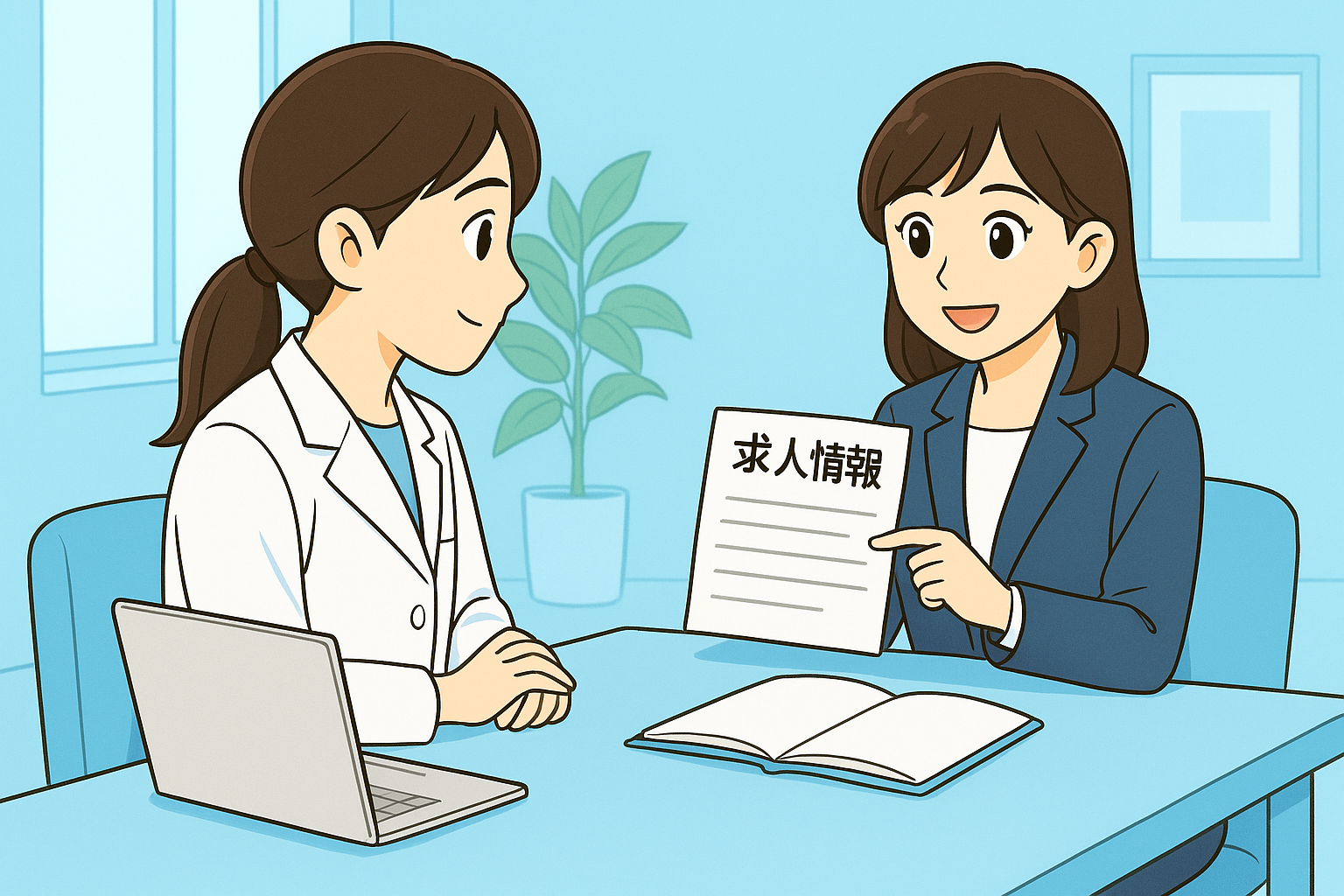 薬剤師が転職エージェントに相談して求人情報を確認しているイラスト