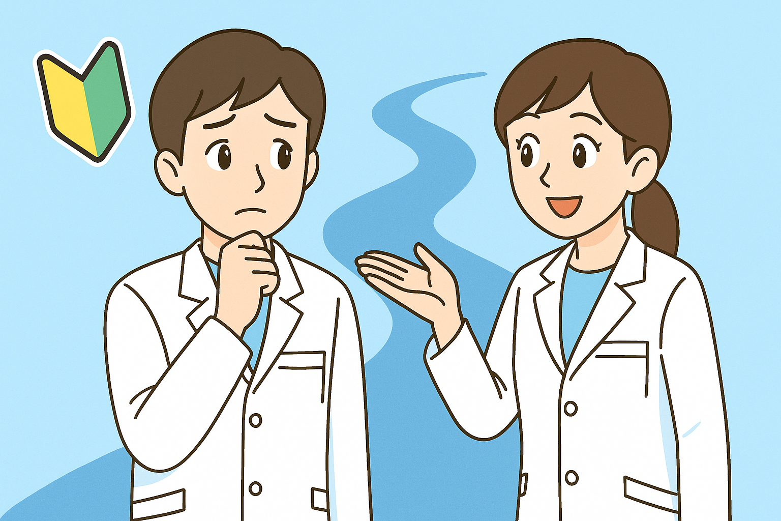 転職の道を不安げに見つめる薬剤師と、やさしくガイドする薬剤師