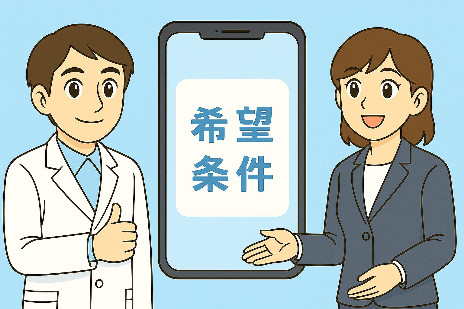薬剤師転職エージェントの担当者とみなみさんが、スマホ画面を見ながら希望条件を共有しているイラスト