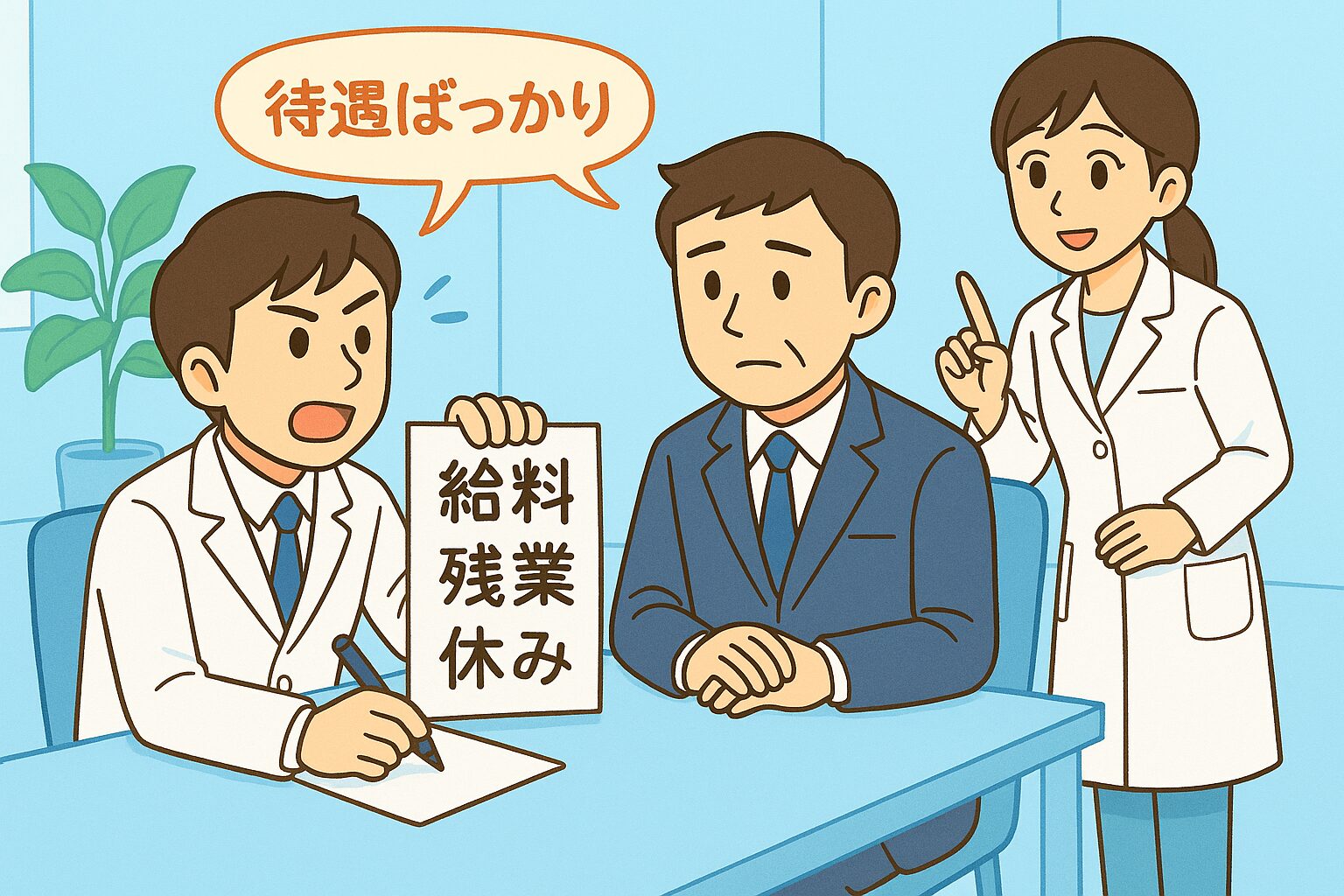 薬剤師転職の面接で「給料・残業・休み」と待遇ばかり質問し、面接官を困らせてしまうみなみさん。宝神さんが後ろから「それは内定後に」と注意しているイラスト。