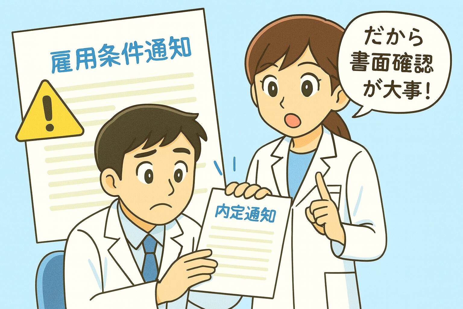 薬剤師転職のSTEP6、内定通知書を背景に大きく表示し、横に⚠️注意アイコンが浮かんでいるイラスト。口頭説明と書面に違いがないかを冷静に確認する重要性を示している。