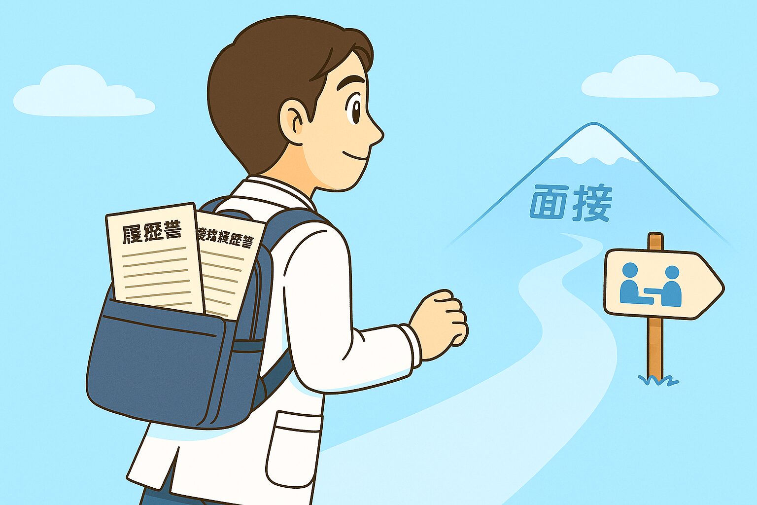 薬剤師のみなみさんがリュックを背負い、「履歴書」と「職務経歴書」を持ち、面接会場を示す標識の方向へ歩いているイラスト