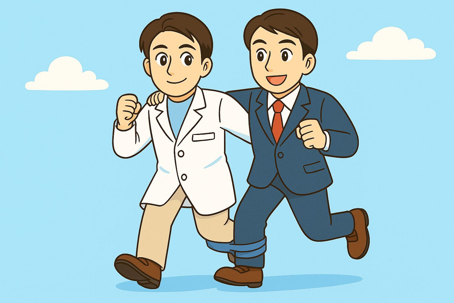 薬剤師のみなみさんとスーツ姿の転職エージェント担当者が二人三脚で走り、転職活動を一緒に進めている様子を描いたイラスト