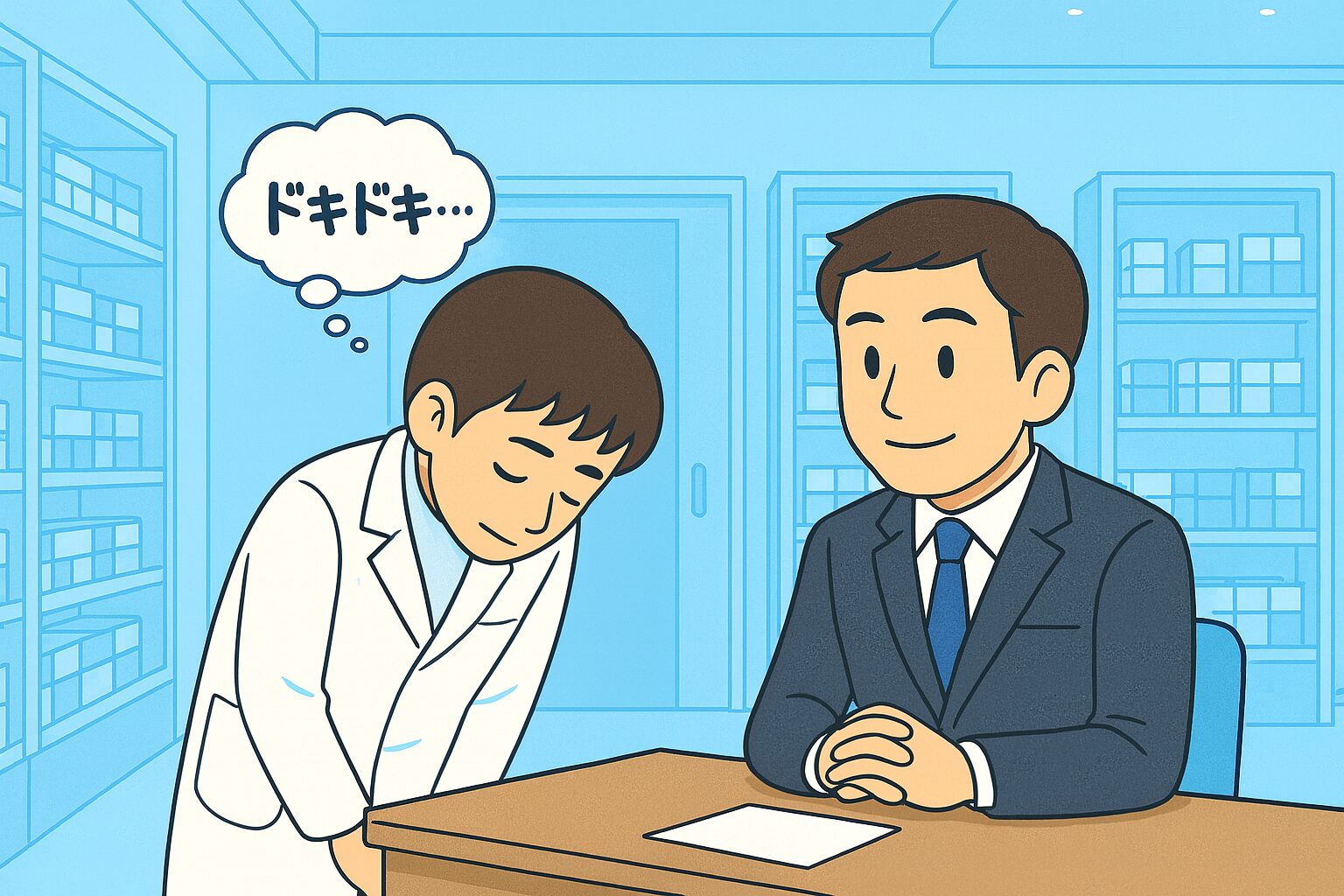 薬剤師のみなみさんが白衣姿で、薬局のバックヤードにて上長へ退職の意思を伝えているイラスト。緊張した表情で頭を下げ、「ドキドキ…」の吹き出しが描かれている。