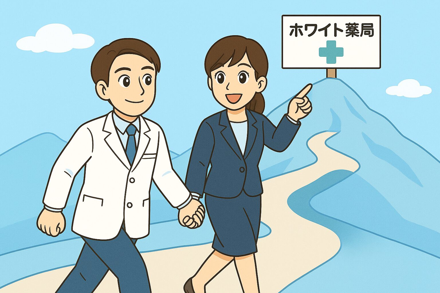 薬剤師のみなみさんがスーツ姿の転職エージェントと手を取り合い、山の頂上にある「ホワイト薬局」を目指して進んでいるイラスト。