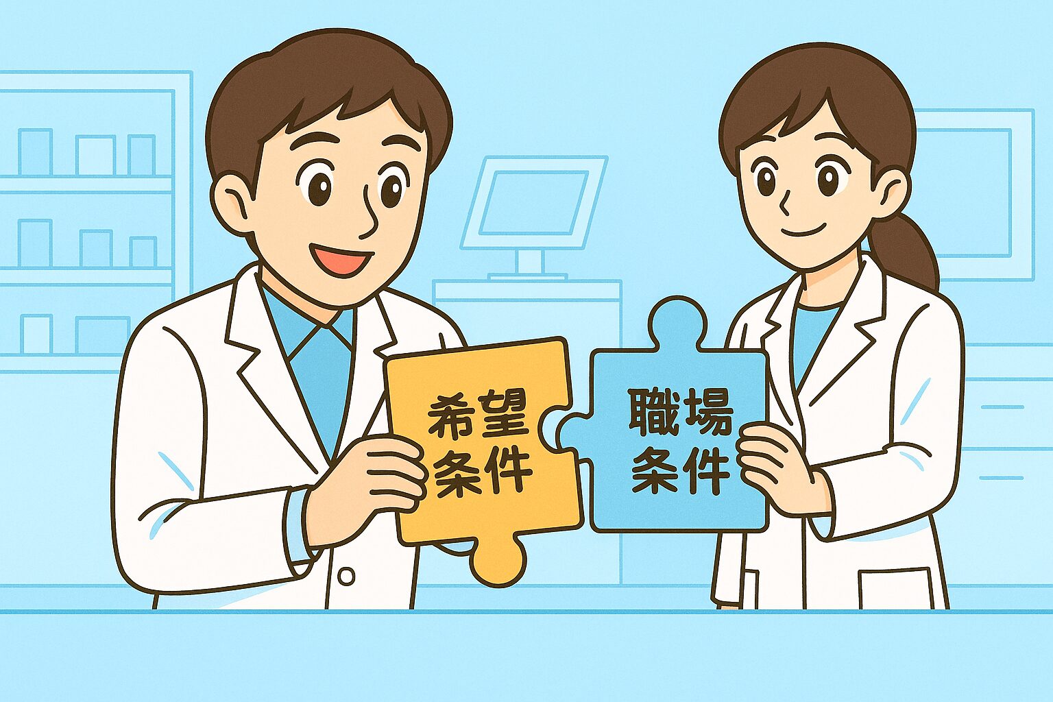 薬剤師転職の面接で、みなみさんが希望条件と職場条件のパズルピースを組み合わせ、宝神さんが「うまくはまったね」と微笑んでいるイラスト