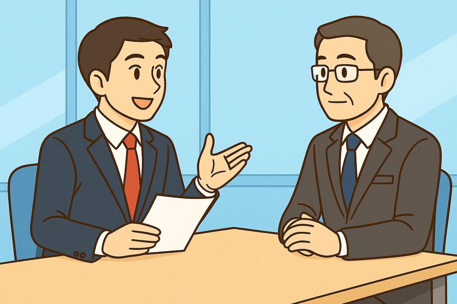 薬剤師転職のSTEP7で、エージェントが企業役員に年収や勤務条件の交渉をしているイラスト。薬剤師本人に代わって待遇を確認するシーン。