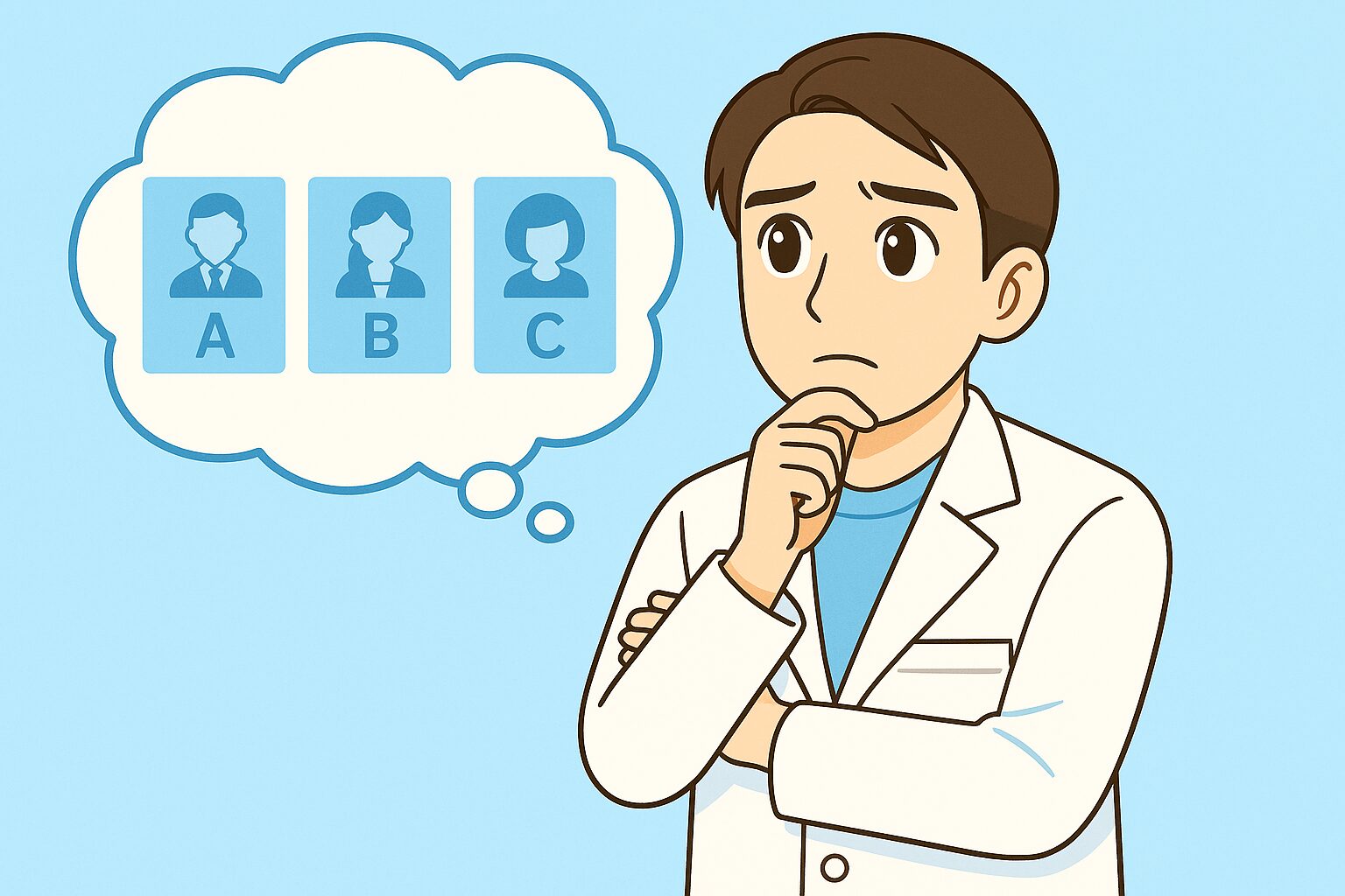 薬剤師のみなみさんが白衣姿で椅子に座り、頭上の吹き出し💭に「エージェントA・B・C」を象徴するアイコン（書類・オフィスビル・スーツ姿の人物）が浮かび、複数の転職エージェントを比較して考えている様子のイラスト