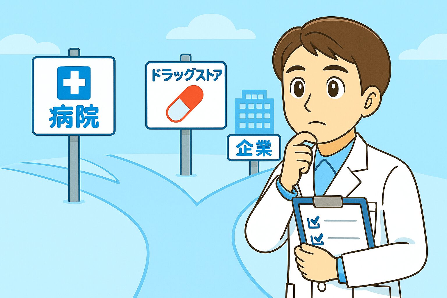 薬剤師のみなみさんがバインダーを持ち、病院・ドラッグストア・企業の3つの進路を前に立ち止まって比較しているアニメ調イラスト