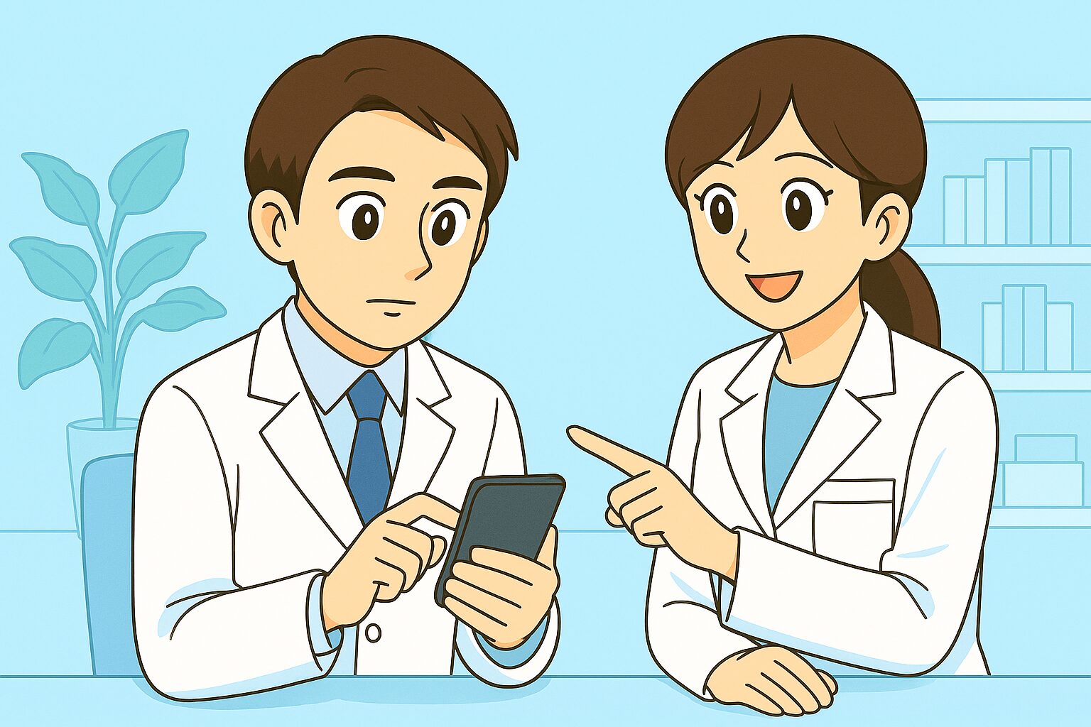 薬剤師転職で、みなみさんがスマホに登録入力をしており、宝神さんが横で案内しているイラスト