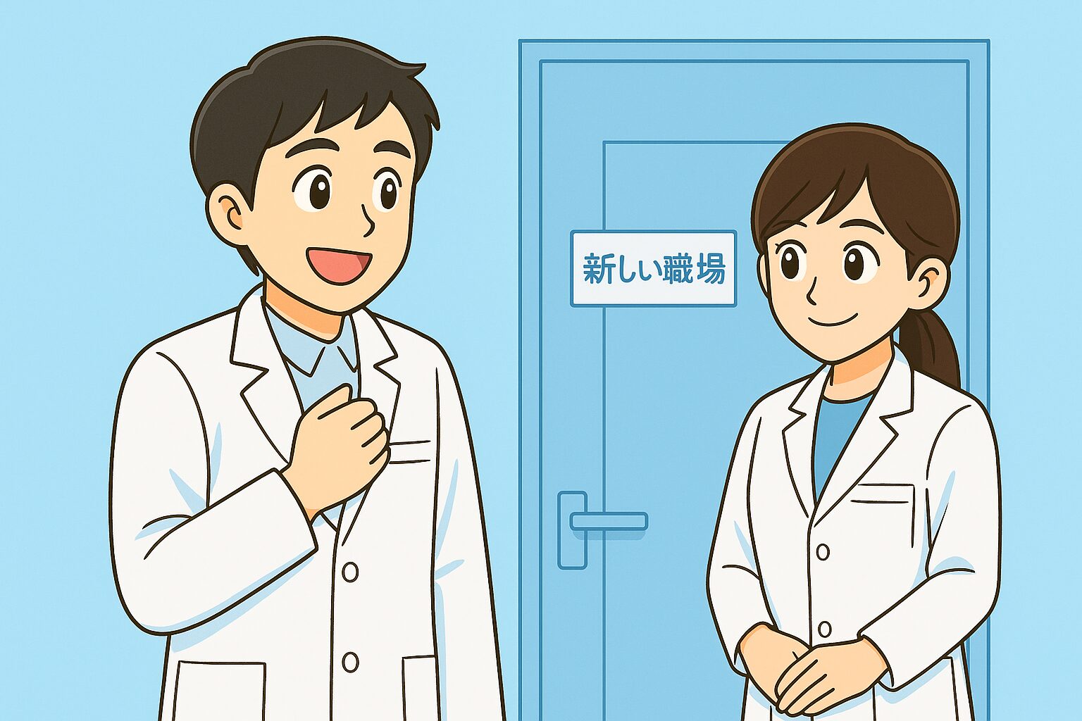 薬剤師のみなみさんが「新しい職場」と書かれた扉の前で胸に手を当てて深呼吸し、宝神さんが後ろから見守るアニメ調イラスト
