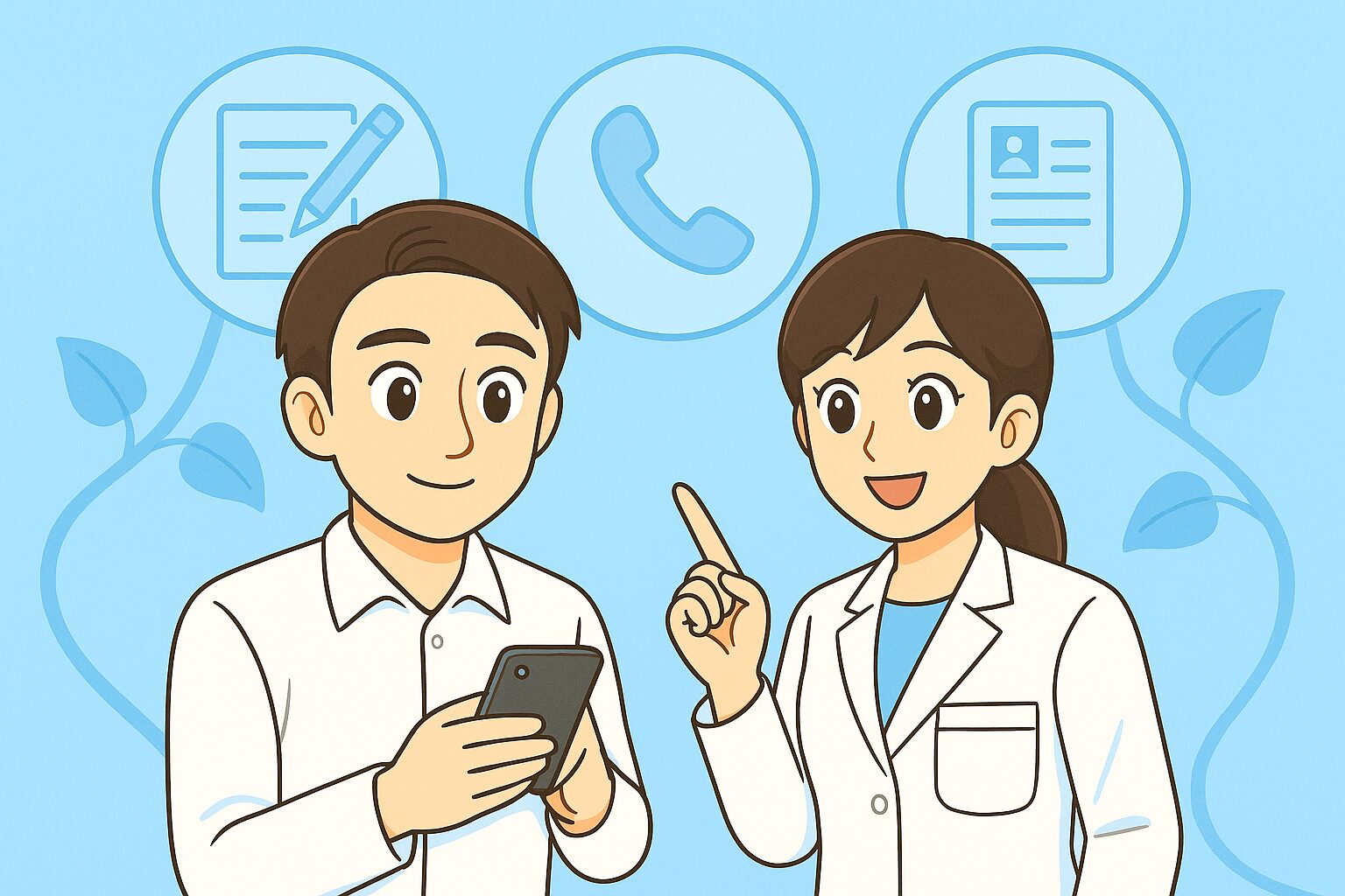 薬剤師転職で、みなみさんがスマホを操作して登録を進め、宝神さんが横で流れを指差して案内しているイラスト
