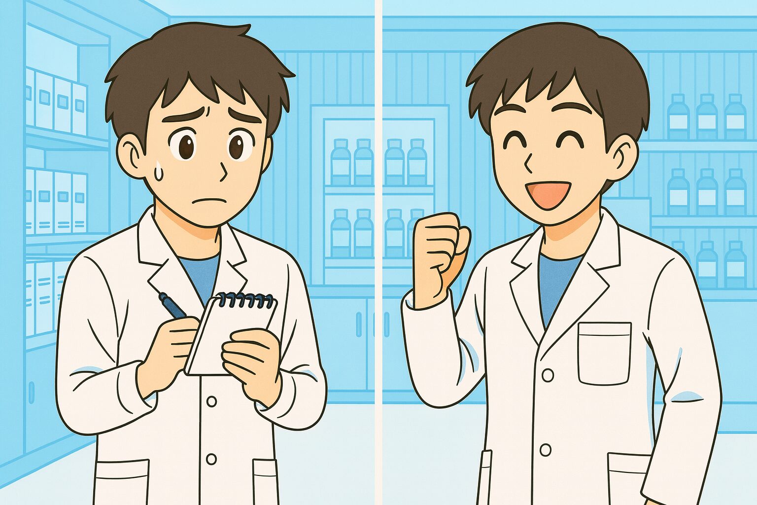 薬局のバックヤードで、白衣姿のみなみさんが1日目は緊張してメモを取り、5日目には笑顔でガッツポーズする様子。新しい職場に慣れていく薬剤師の5日間の成長を描いた日本のアニメ調イラスト