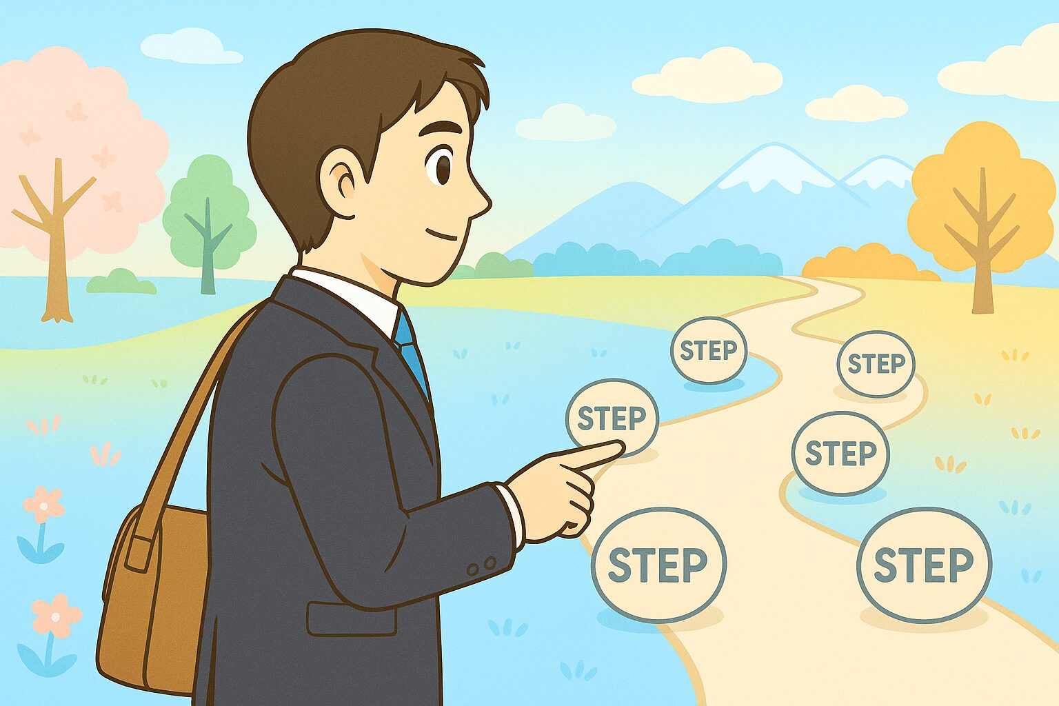 スーツ姿のみなみさんが、道の途中で立ち止まり、地面に並んだ「STEP1〜STEP8」のマイルストーンを指でなぞりながら眺めている。背景には季節の移ろいを感じる淡いグラデーションの風景が広がり、薬剤師転職の全体像をイメージできる爽やかな日本のアニメ調イラスト。