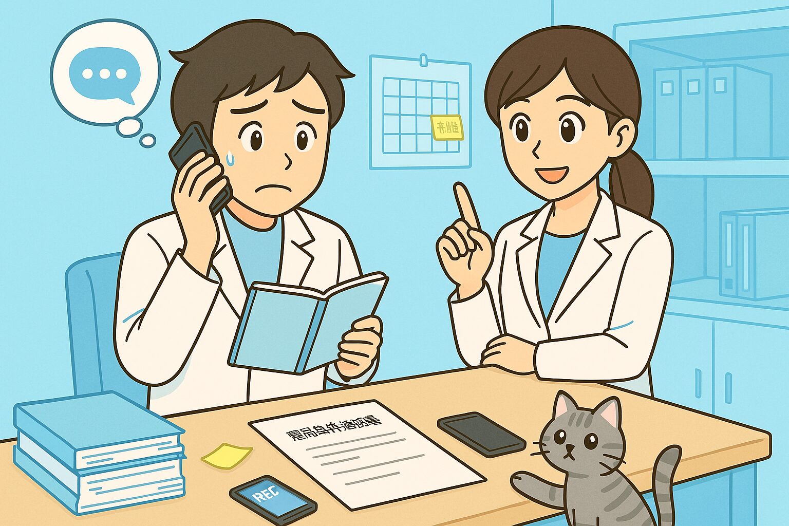 薬局のバックヤードで、みなみさんが困った表情でスマホを手にし、宝神さんが「雇用条件通知書」を指差しながらアドバイスしている。机には契約書やカレンダー（有給の付箋付き）、引き継ぎリストがあり、机の下では猫のココが録音中のスマホを覗き込んでいるユーモラスなイラスト。