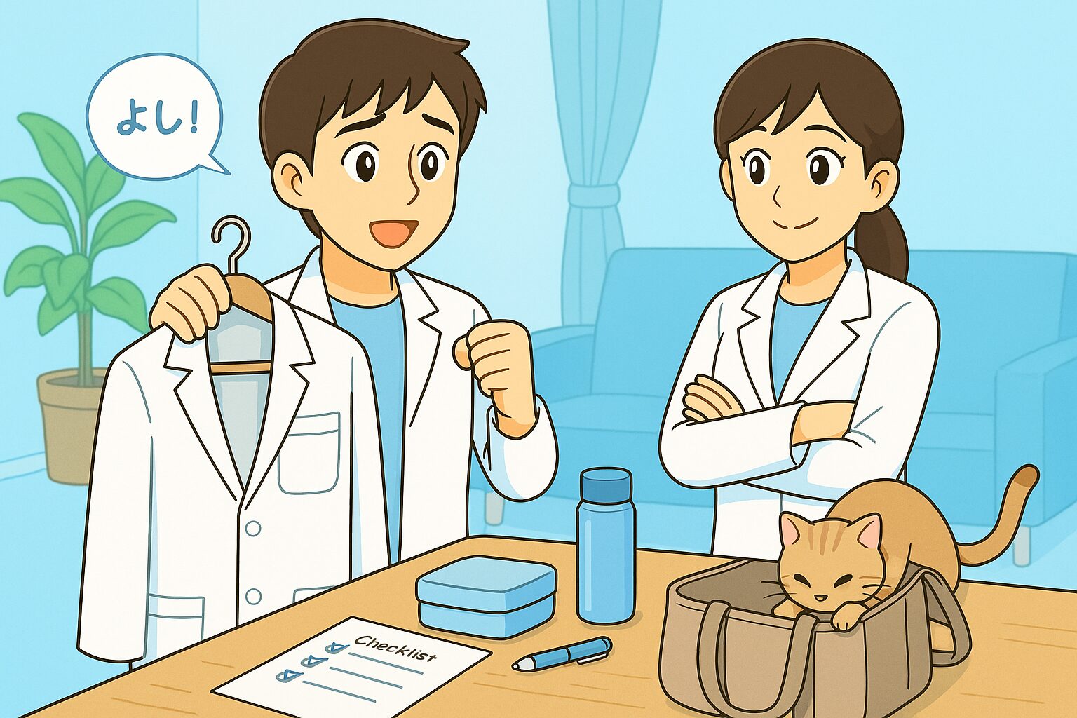自宅のリビングで、みなみさん（男性薬剤師）が翌日の入社準備を整えている。白衣をハンガーにかけ、机の上のチェックリストを確認しながら「よし！」と微笑む。宝神さん（女性）が後ろで「準備バッチリだね！」と笑顔で見守り、足元では猫のココがカバンをのぞき込んでいる。前日準備の安心感を描いた日本のアニメ調イラスト。