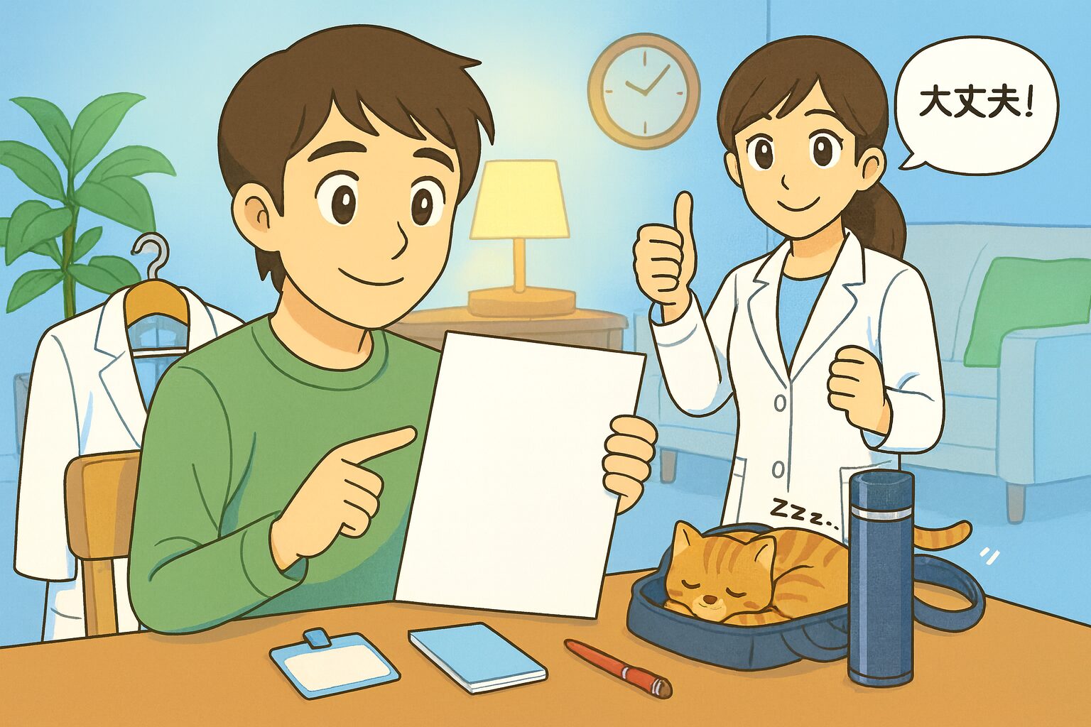 ライトブルーのリビングで、みなみさん（男性薬剤師）が白衣をハンガーにかけ、机の上のチェックリストを指差して微笑んでいる。後ろで宝神さん（女性）が親指を立てて「準備バッチリ！」と励ましており、足元では猫のココがカバンの上で眠っている。夜のやさしい照明と淡いブルーで、前日準備の安心感を描いた日本のアニメ調イラスト。