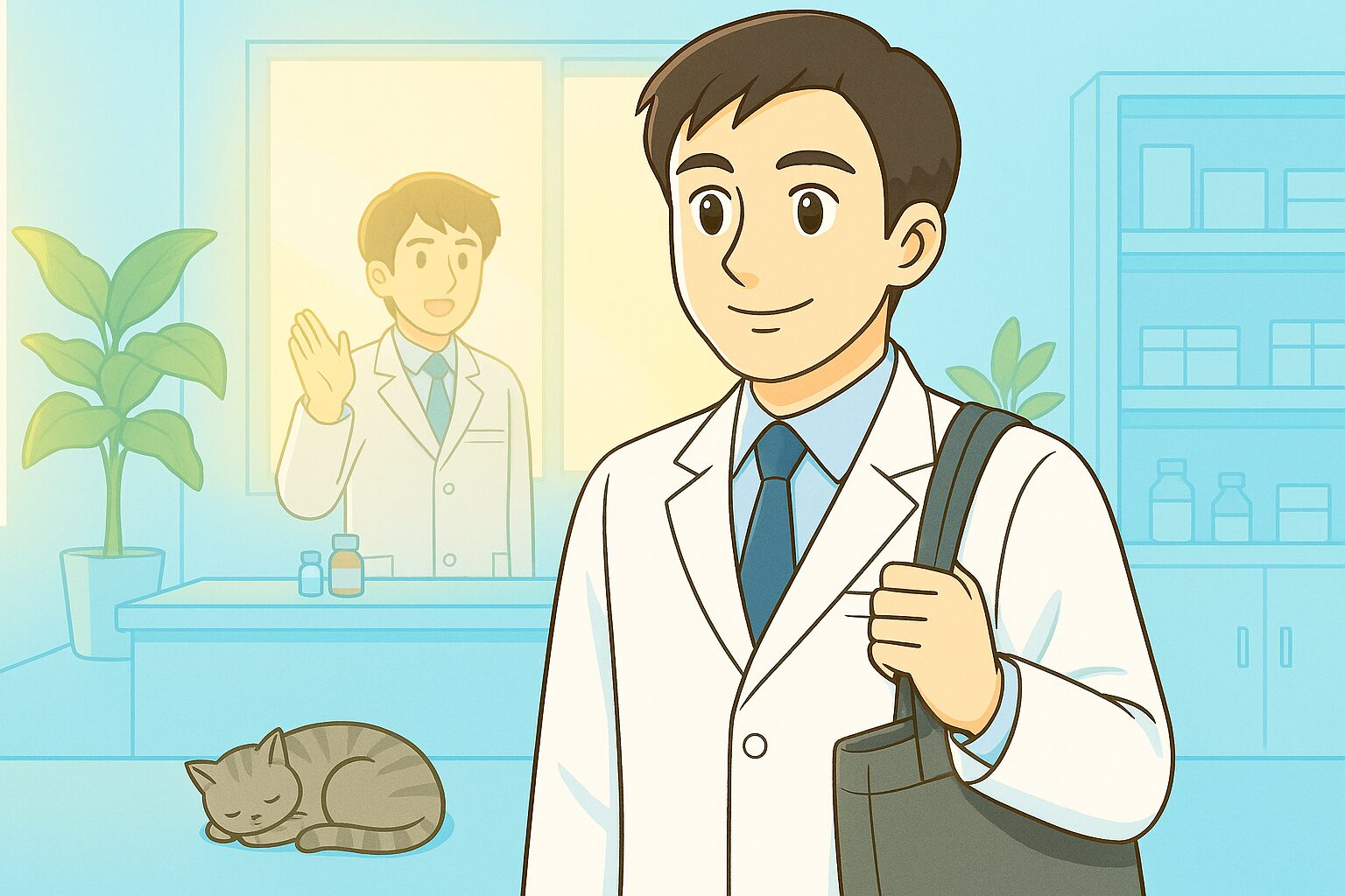 薬局の出入り口で、1週間の勤務を終えた薬剤師のみなみさんが笑顔で出勤準備をしている。奥で宝神さんが「よく頑張ったね」と優しく声をかけ、足元には猫のココが丸まって寝ている。新しい職場に少しずつ慣れていく朝の爽やかな日本のアニメ調イラスト。