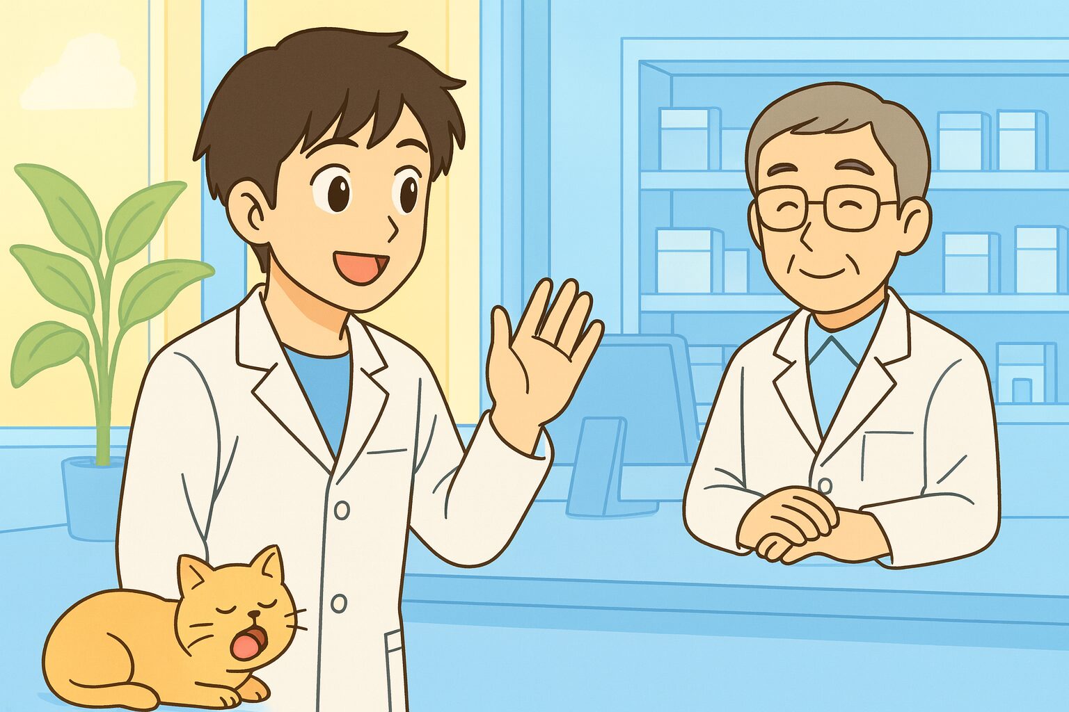 薬局の朝、みなみさんが少し緊張しながらも笑顔で「おはようございます」と挨拶し、ベテラン薬剤師が穏やかに会釈して返す様子。足元では猫のココがあくびをしている。新しい職場での信頼関係づくりを描いた爽やかな日本のアニメ調イラスト。