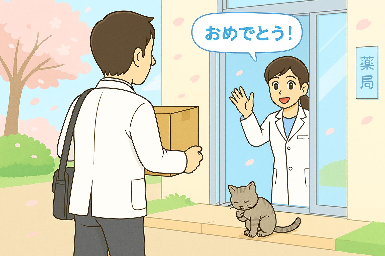 ダンボール箱を抱えたみなみさん(30歳・男性薬剤師)が薬局を出ていく後ろ姿。 入口で宝神さん(女性)が「おめでとう!」と手を振り、足元では猫のココが見送りながら手をペロペロしている。 背景には桜が咲き、春の柔らかな光に包まれた日本のアニメ調パステルイラスト。