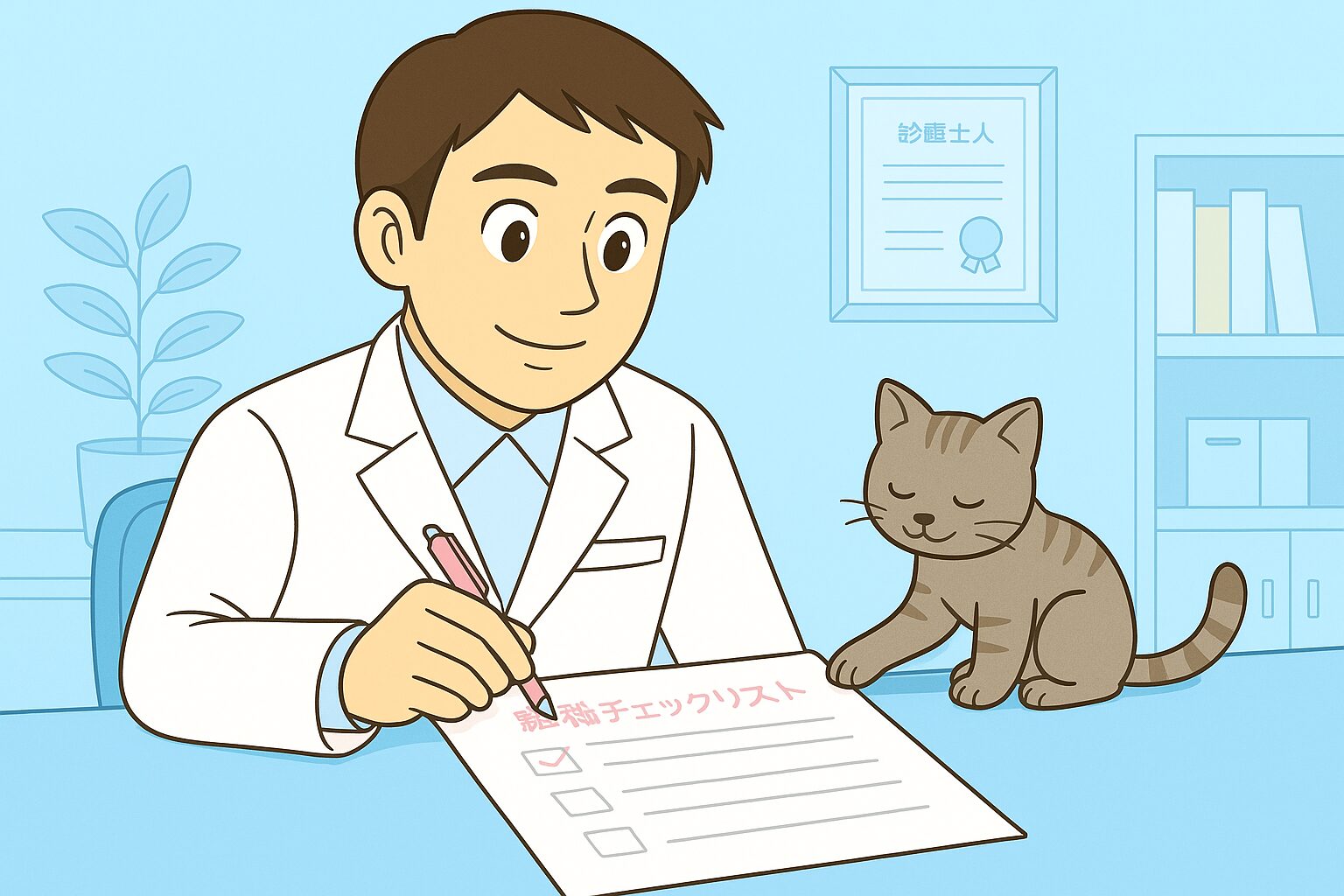 白衣姿のみなみさん（30歳・男性薬剤師）がデスクで転職チェックリストPDFを広げ、 ペンで項目に✅を書き込んでいる。 横では猫のココが紙の端を前足でちょこんと触っている。 背景はライトブルー（#CDE9F9）基調の薬局バックヤード風で、 清潔感と温かさのある日本のアニメ調パステルイラスト。