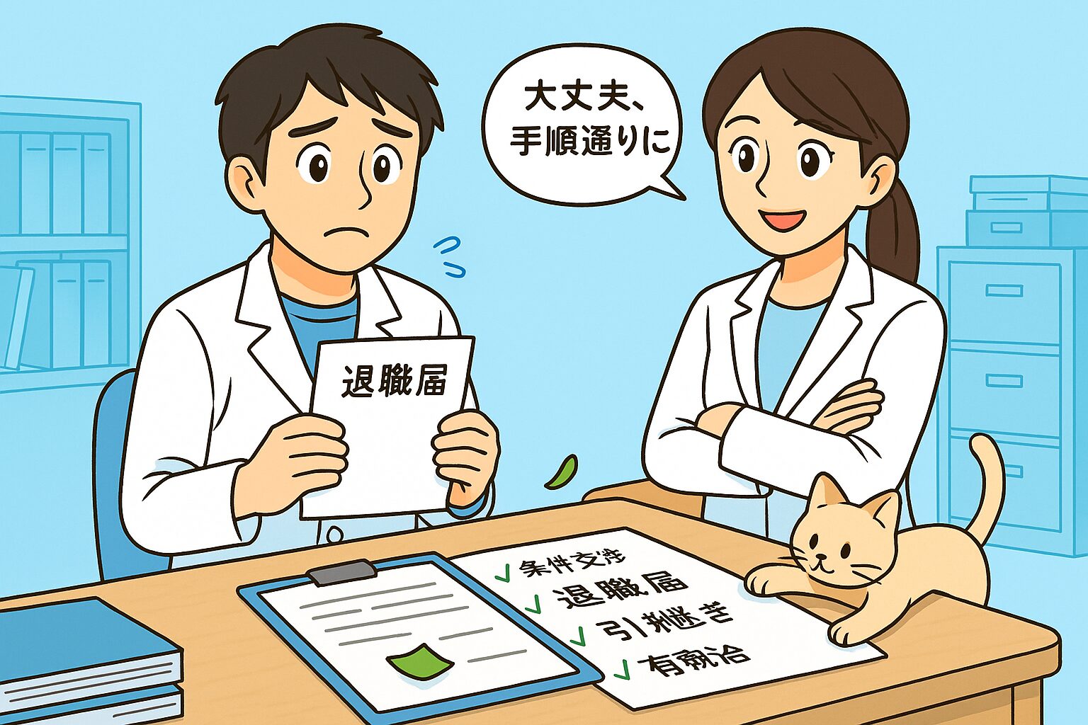 薬局のバックヤードで、白衣姿のみなみさんが退職届を手に少し緊張しつつも決意の表情をしている。隣で宝神さんが腕を組み「手順通りに進めれば大丈夫」と微笑みながらガイドしている。机の上には退職届とチェックリストが置かれ、机の隅では猫のココが紙に手を伸ばしている。