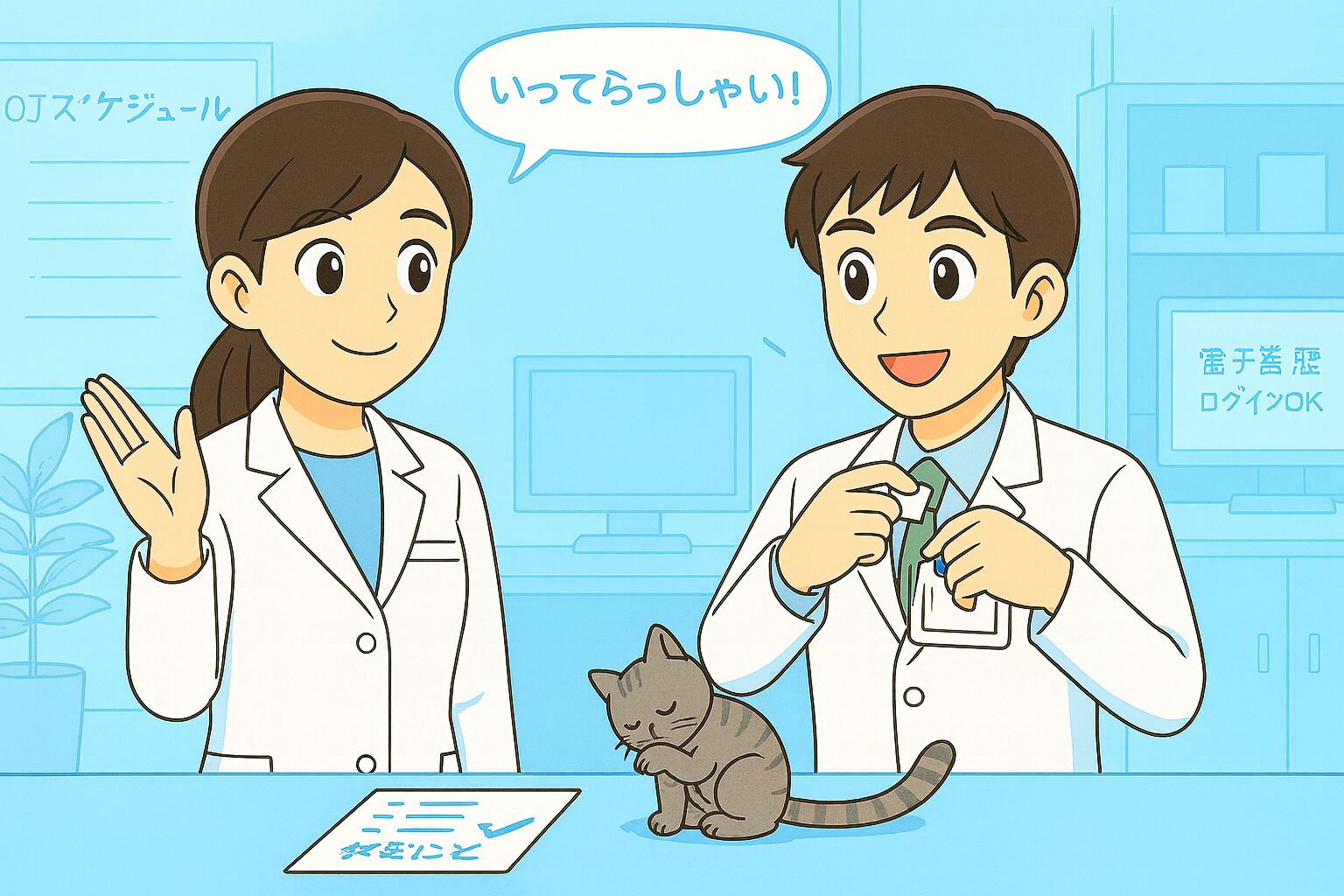 薬局のバックヤードで、白衣姿のみなみさん（男性薬剤師）が名札をつけながら微笑んでいる。朝のやわらかな光が差し込み、初日の緊張と希望を感じさせるシーン。宝神さん（女性）が近くでやさしく見守り、足元では猫のココが調剤台の隅で丸まっている。清潔感のあるライトブルーの朝を描いた日本のアニメ調イラスト。