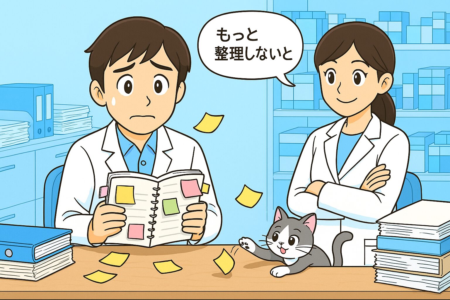 薬局のバックヤードで、みなみさんが付箋だらけのノートを持ち困った表情をしている。隣で宝神さんが腕を組み「もっと整理しないとね！」とやさしく微笑んでいる。机には書類の山が積まれ、猫のココが付箋に手を伸ばしているユーモラスなイラスト。
