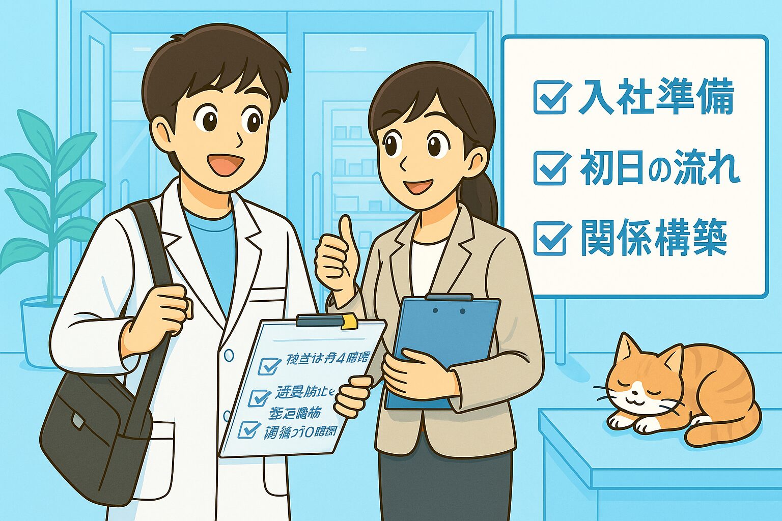 薬局のエントランス前で、白衣姿のみなみさんがカバンを持って笑顔で入社初日を迎えている。宝神さんはチェックリストを手に笑顔で応援し、足元では猫のココが「いってらっしゃい」と見送っている。新しいスタートの明るい雰囲気を描いた日本のアニメ調イラスト。