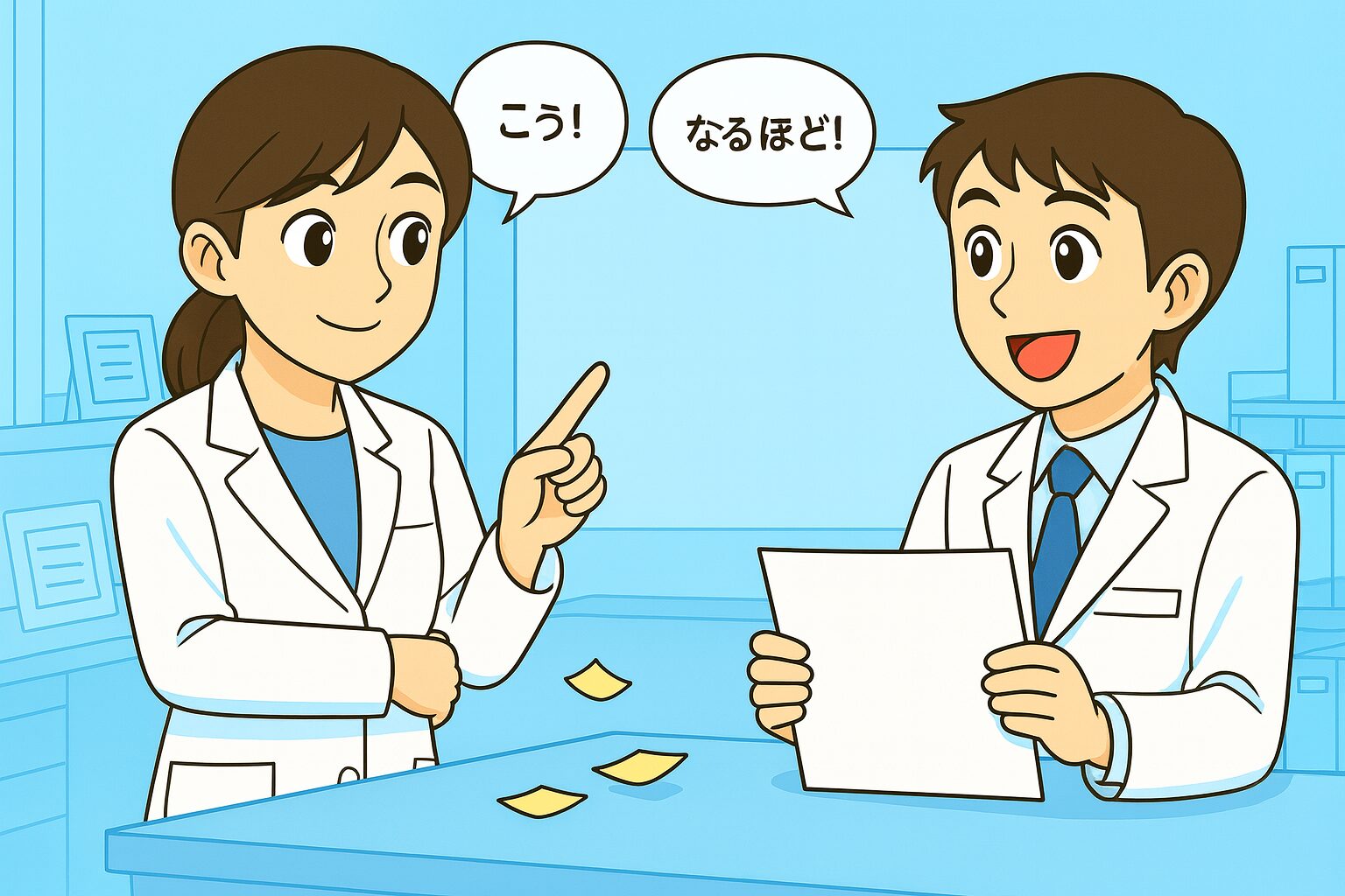 薬局オフィスで、宝神さんがやさしく指差しながら説明し、みなみさんが「なるほど！」と気づいた表情をしているシーン。爽やかなライトブルー基調の背景で、条件交渉の理解を象徴するイラスト。