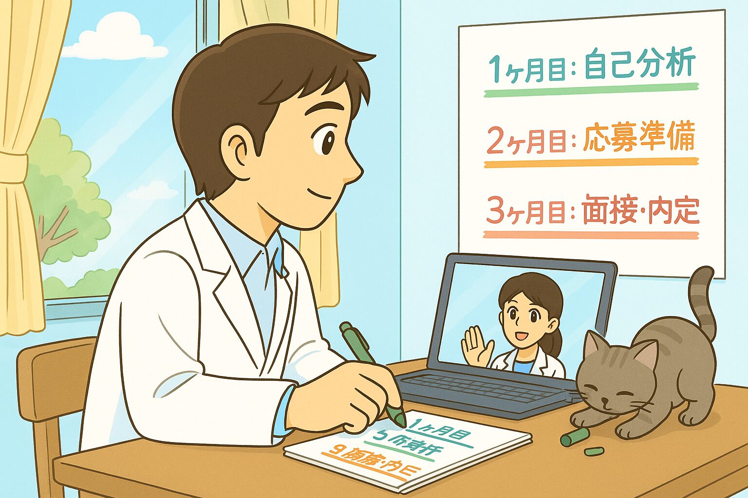 春の午前、窓際のデスクでノートを開き、「1ヶ月目:自己分析」「2ヶ月目:応募準備」「3ヶ月目:面接・内定」と書き込みながら微笑むみなみさん(30歳・男性薬剤師)。 机の上にはコーヒーカップとペンがあり、猫のココが紙の端をちょんと触っている。 薬剤師が転職スケジュールを立てる様子を描いた、日本のアニメ調パステルイラスト。