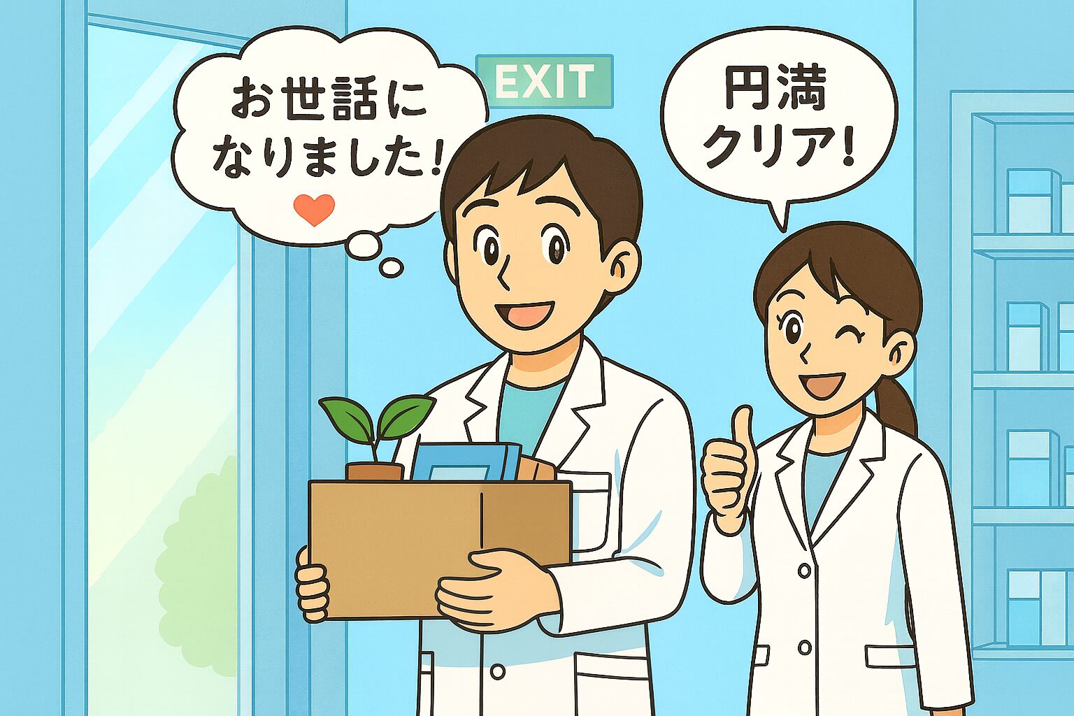 薬局の出口で、白衣姿のみなみさんが荷物を持ってスッキリした笑顔で退職している。隣で宝神さんが親指を立て「円満クリア！」と応援しており、みなみさんの心の吹き出しには「お世話になりました！」と描かれている。