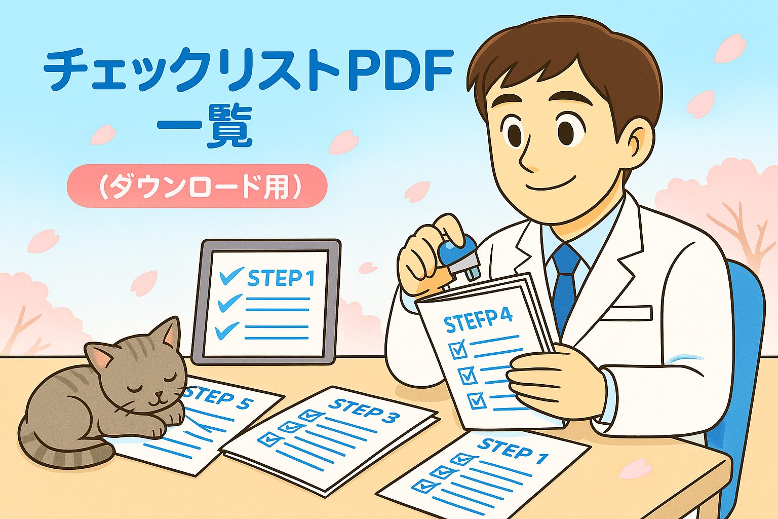 椅子に座ったみなみさん（30歳・男性薬剤師）が、チェックリストPDFを束ねてホチキスで留めている。 横では猫のココがその紙の上で気持ちよさそうに寝そべっており、背景はライトブルーと桜色を基調にしたやわらかい雰囲気。 薬剤師転職に役立つチェックリストをまとめた日本のアニメ調パステルイラスト。
